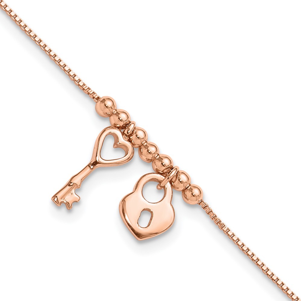 925 Sterling Silver Rose-tone Polished Heart Charm Lock w 1" ext Anklet